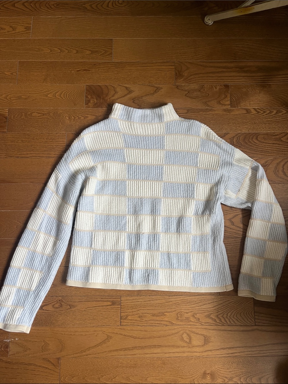 Club Monaco Cream and Light Blue Check Turtleneck Sweater
